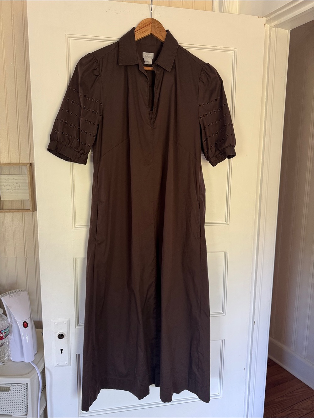Chico's Brown Maxi Shirt Dress with Eyelet Short Sleeves